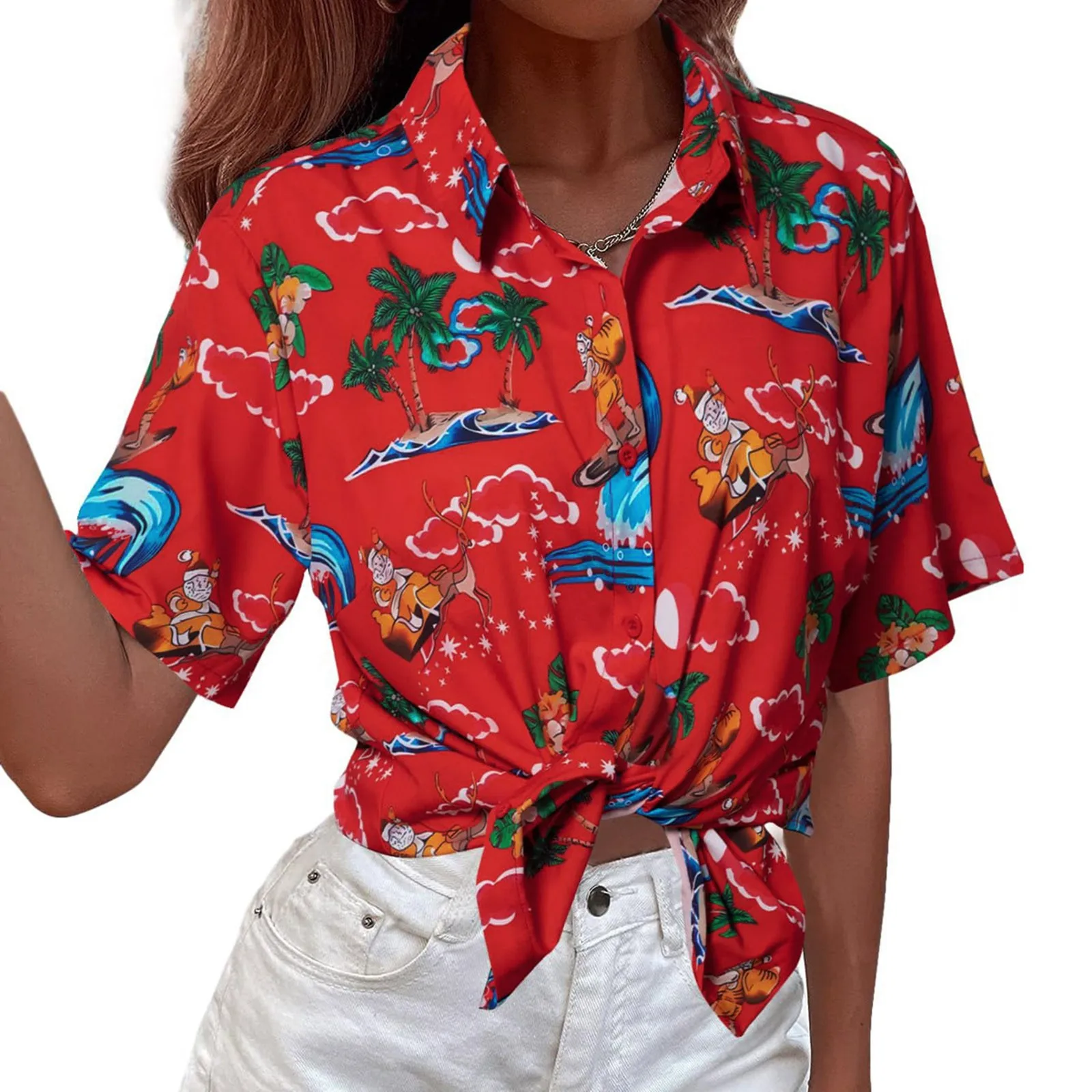 Camisa feminina de botão de mangas curtas, cardigã solto, blusa vermelha, casaco casual ao ar livre, moda verão