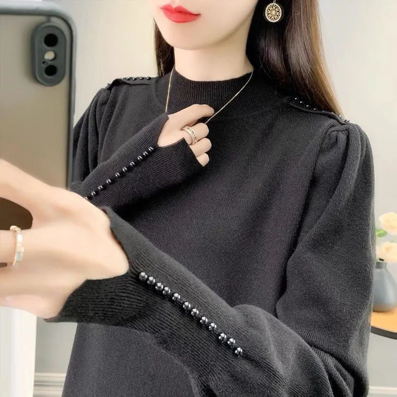 Autumn Winter Puff Sleeve Shoulder Multiple Pearls Design Half Height Collar Straight Pullovers Cuffs Split Fork Sweaters Loose