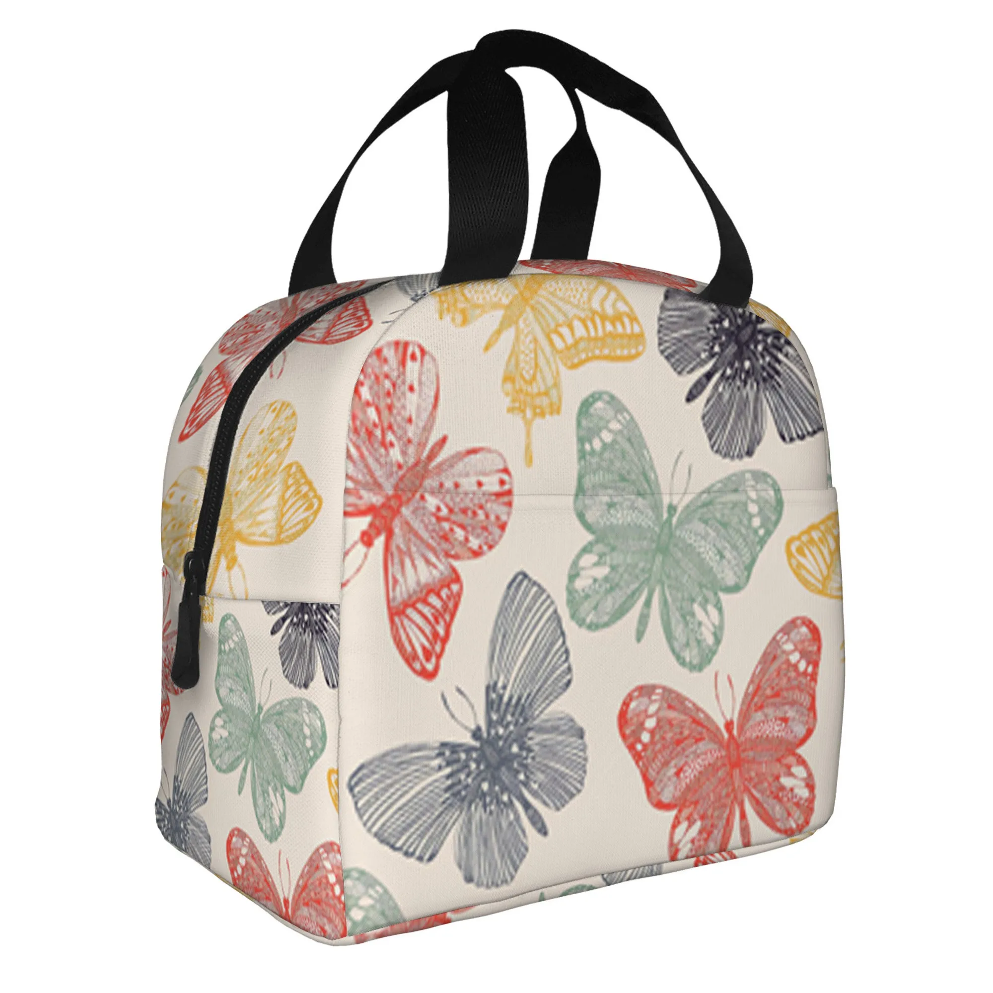 Colorful Butterfly Print Insulated Lunch Bag Portable Reusable Thermal Tote for Office School Travel