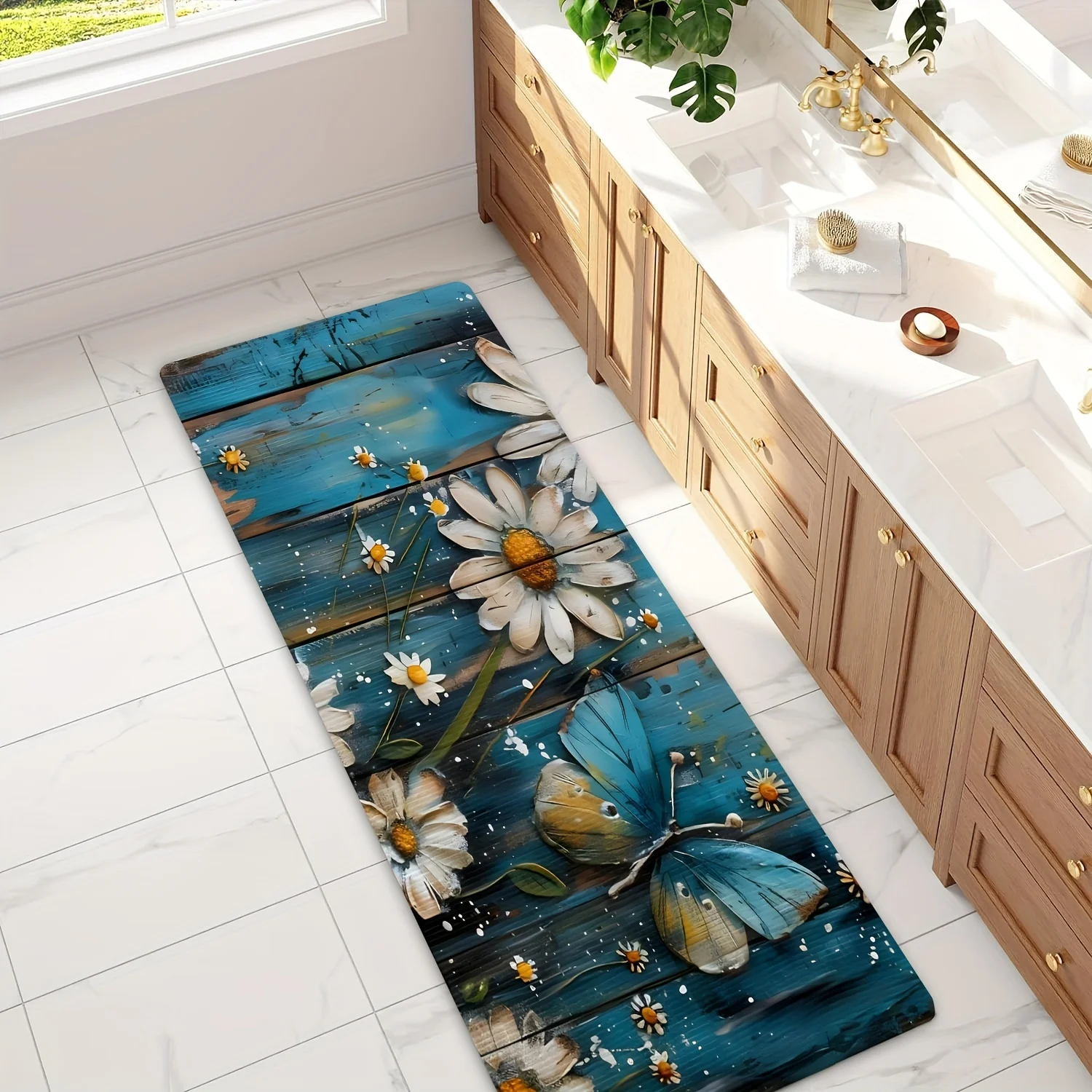 

Rustic Blue Wood Daisy and Butterfly Kitchen Long Mat, Non-Slip Washable Durable Floor Mat for Hallway, Kitchen,Entryway Decor