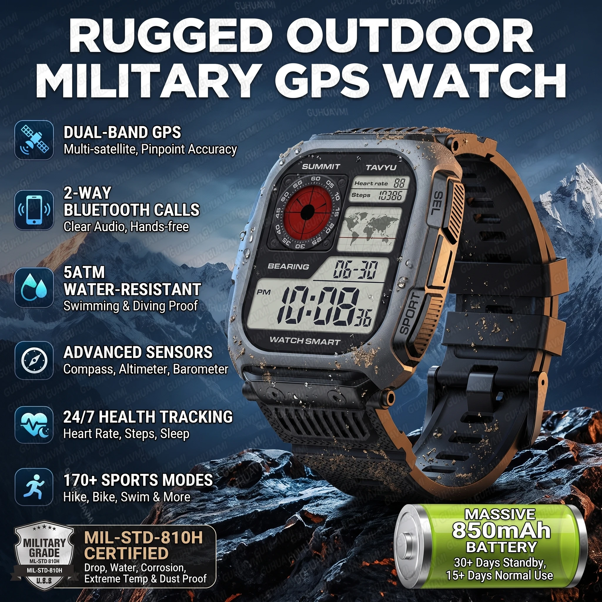 Reloj Inteligente GPS de Grado Militar 2026 para Hombre, Resistente al Agua 5ATM, Brújula, Altímetro, Llamadas Bluetooth, Pantalla AOD de