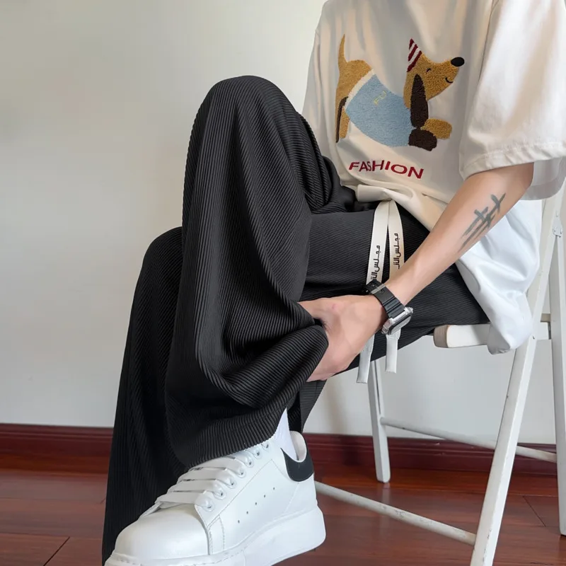 Summer Casual Pants Men Black Wide Leg Pants Men Japanese Streetwear Hip-hop Loose Ice Silk Pants Mens Trousers Plus Size 4XL