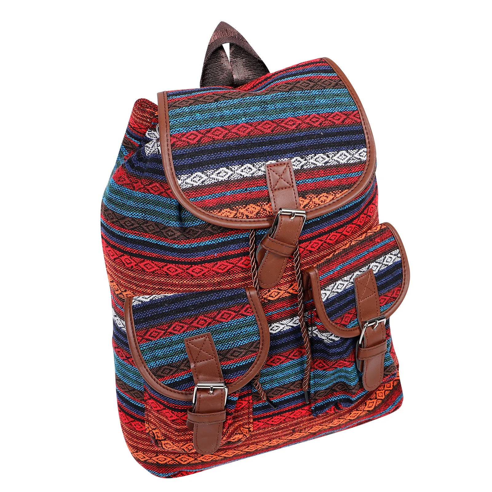 Women Drawstring Backpack Ethnic Vintage Plaid Canvas Bucket Bag Large Capacity Boho School Travel Bag