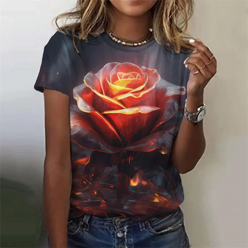 New Summer Vintage 3D Floral Roses Printing T Shirt Women Flowers Graphic T Shirts Girls Fashion Short Sleeves Tee Shirt Clothes