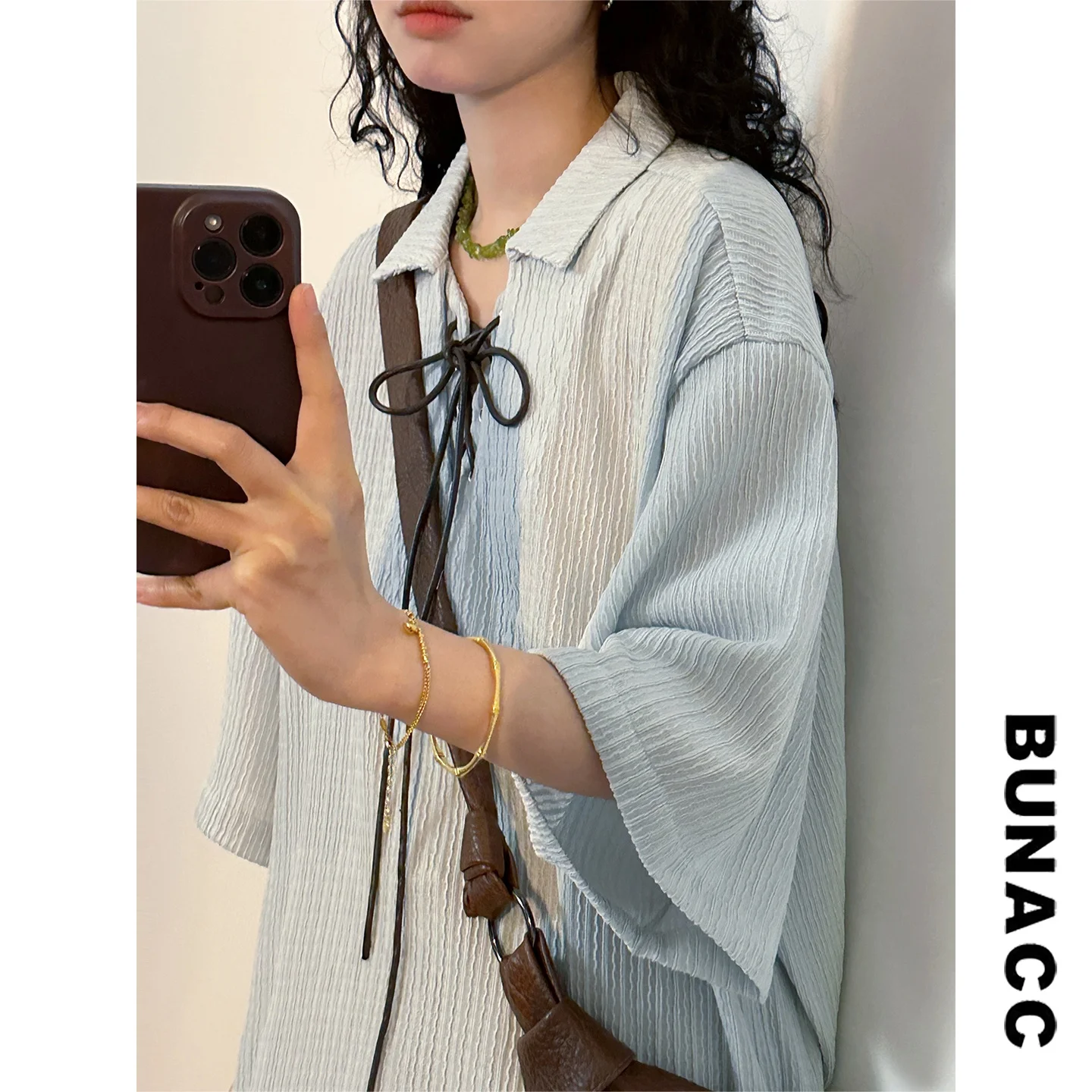 

Летняя рубашка в американском ретро-стиле с текстурой в гонконгском стиле, с короткими рукавами, с поясом, свободного кроя, унисекс, модная повседневная рубашка