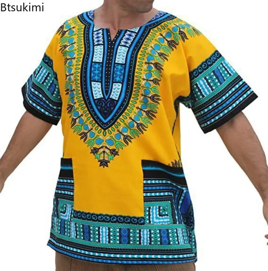 2024 African Dashiki Cotton Shirts Men Festival Clothing Fashion Retro Short Sleeve Print Shirts Bohemian Craft Clothes Shirts