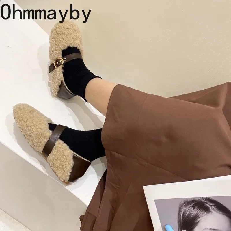 2024 Spring Lambhair Women Ballet Laofer Flat Shoes Fashion Shallow Slip On Ladies Fur Mary Jane Shoes Soft Outdoor Granny Shoes