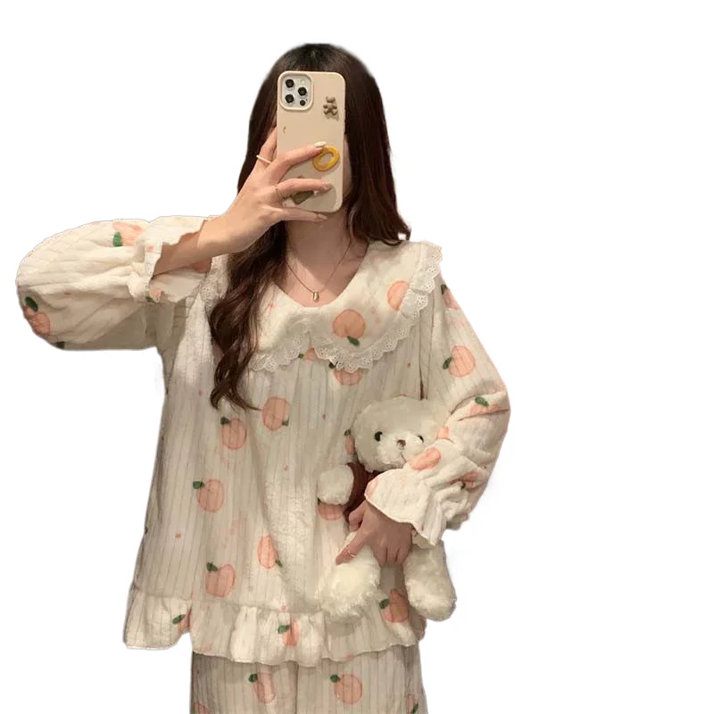 

Cartoon Pajama Sets Women Pyjamas Warm Flannel Sleepwear Girl Pijama Set Suit Pant Home Korean Peach Sleep Lace Sleepwear