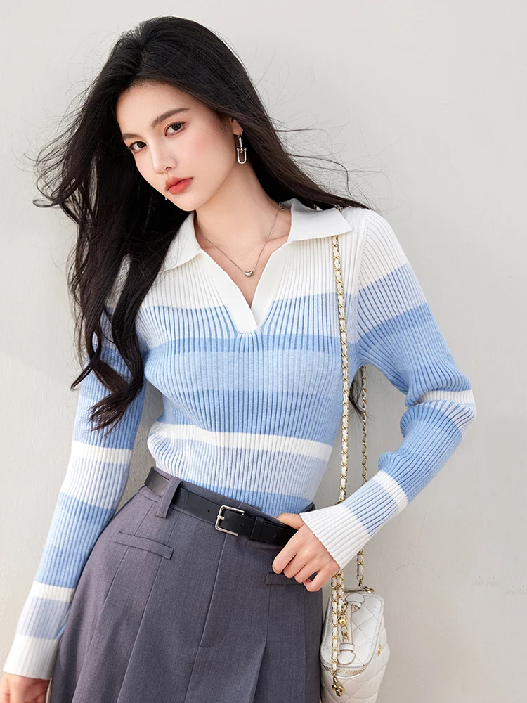 Women\'s Gradient Contrast Retro Pullover Sweater Korean Fashion Long Sleeve Lapel Slim Fit Top Casual Versatile Knitted Sweater