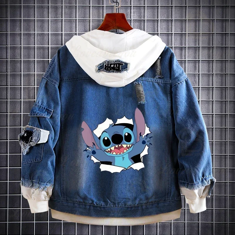 New Creative Anime Lilo & Stitch Denim Jacket Men Women Harajuku Deep Blue Jacket Hoodie Boys Girls Streetwear Coats