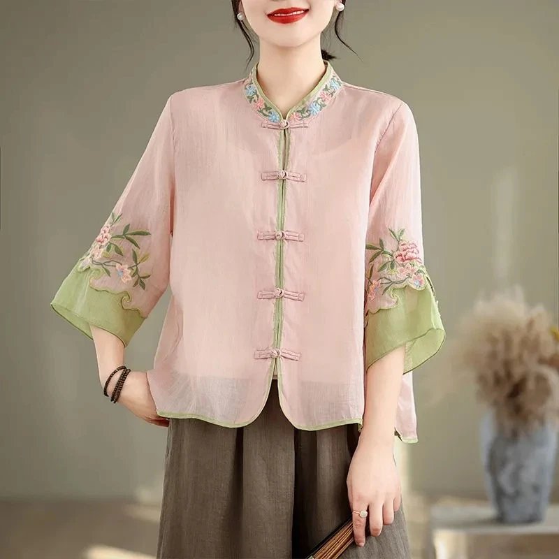 

Summer Cotton And Hemp Art Retro Embroidered Shirt Women's Pan Button Cardigan Shirt Chinese Style Three Quarter Linen Blouse