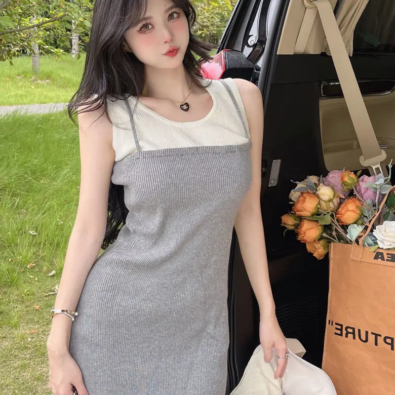 فساتين بدون أكمام للنساء مكونة من قطعتين منسوجة صيفية مثيرة صغيرة مرقعة تناسب كل مباراة على الطراز الكوري الحلو فساتين عصرية #2