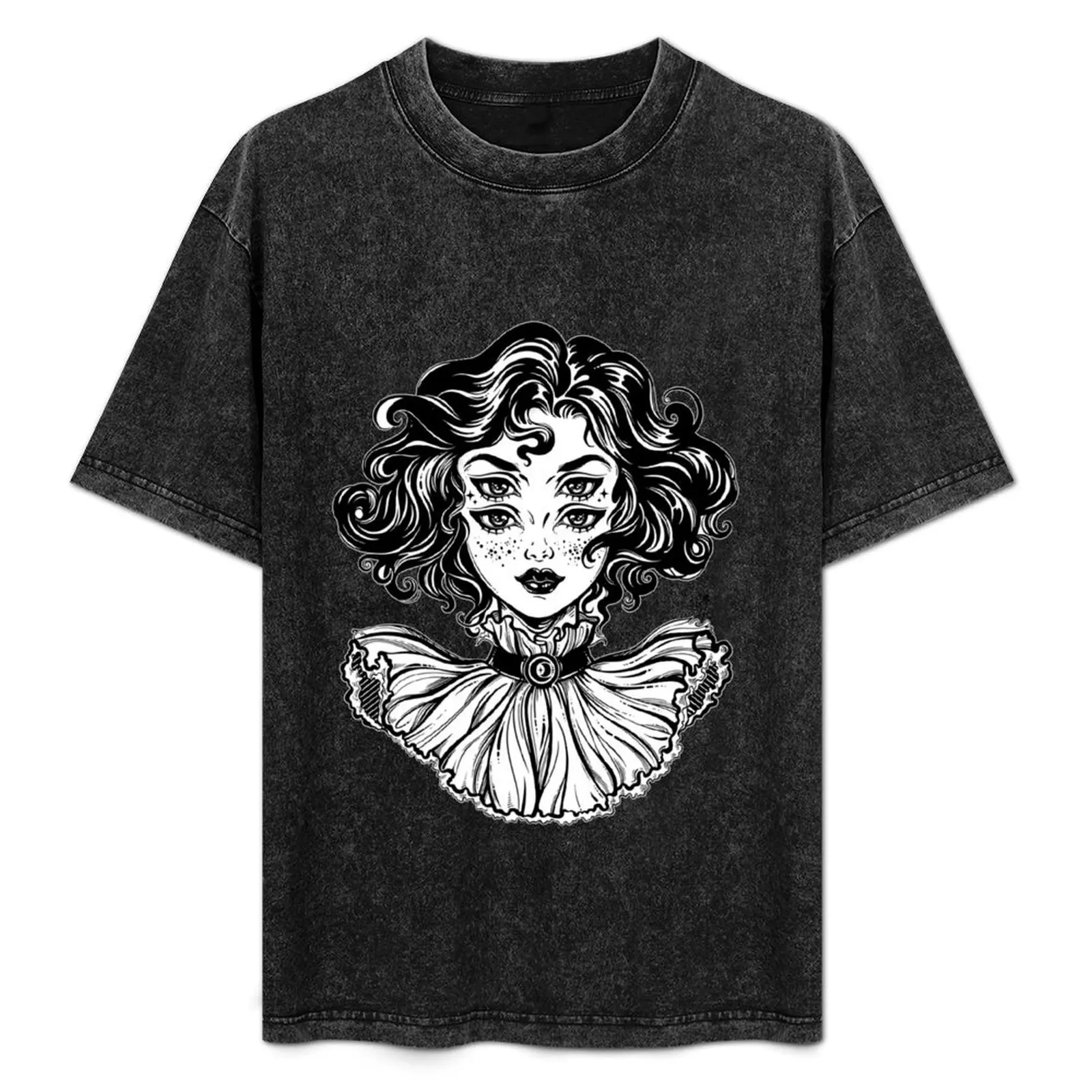 Gothic witch girl head portrait with curly hair and four eyes. T-Shirt Halloween Theme T-Shirt