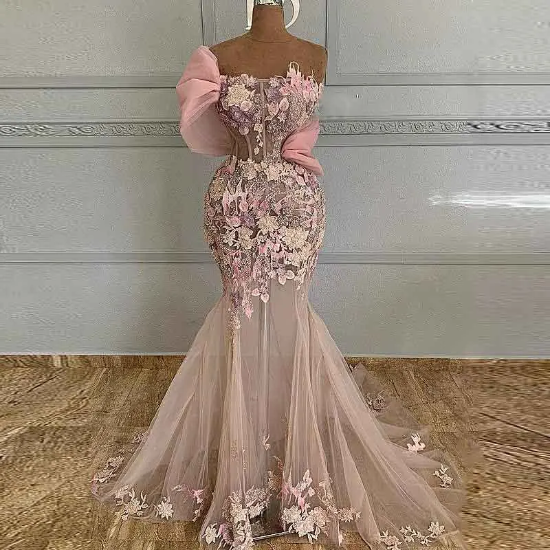 Charmante 3D-Applikationen, rosa Meerjungfrau-Abschlussballkleider, sexy, durchsichtig, Aso Ebi, schulterfrei, Abendkleider, arabisches Partykleid