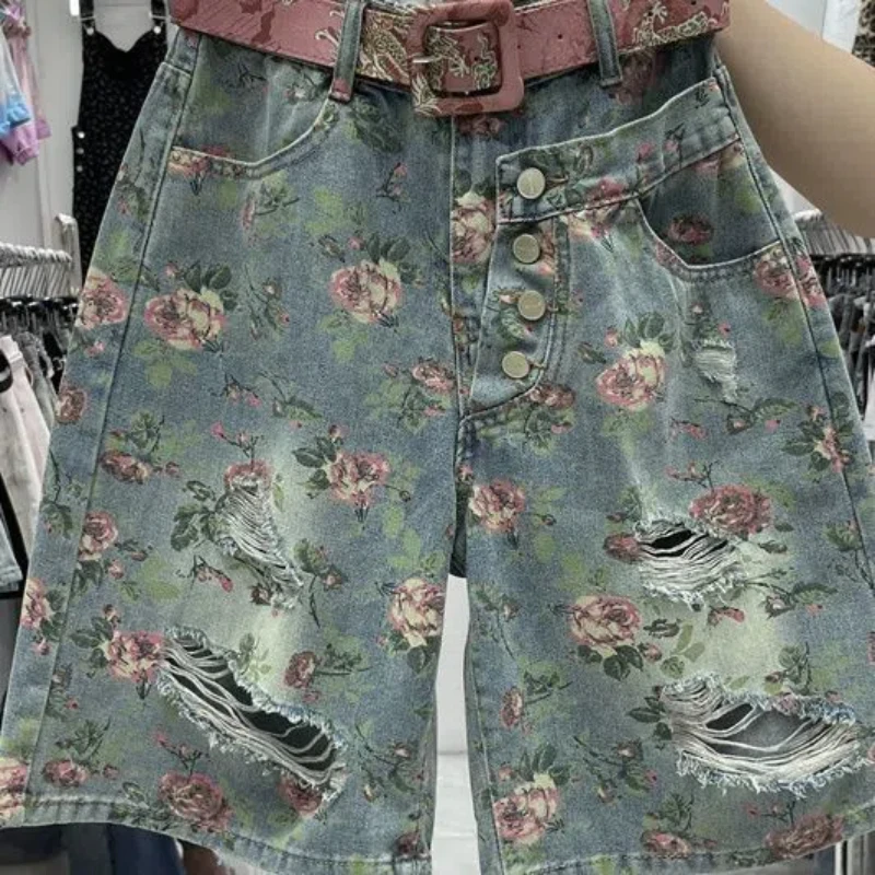 Pockets Straight Sashes Hole Distressed Women's Clothing Flower Printing Summer Button High Waisted Zipper Vintage Shorts