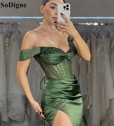 SoDigne Elegant Olive Green Evening Dresses Mermaid High Split Off Shoulder Beading Draped Party Dress Sexy Prom Gown Customized