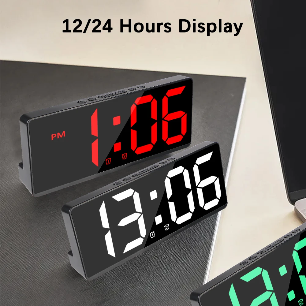 Jam LED kontrol suara 12/24H, jam meja Desktop Anti gangguan Mode malam jam Alarm Digital