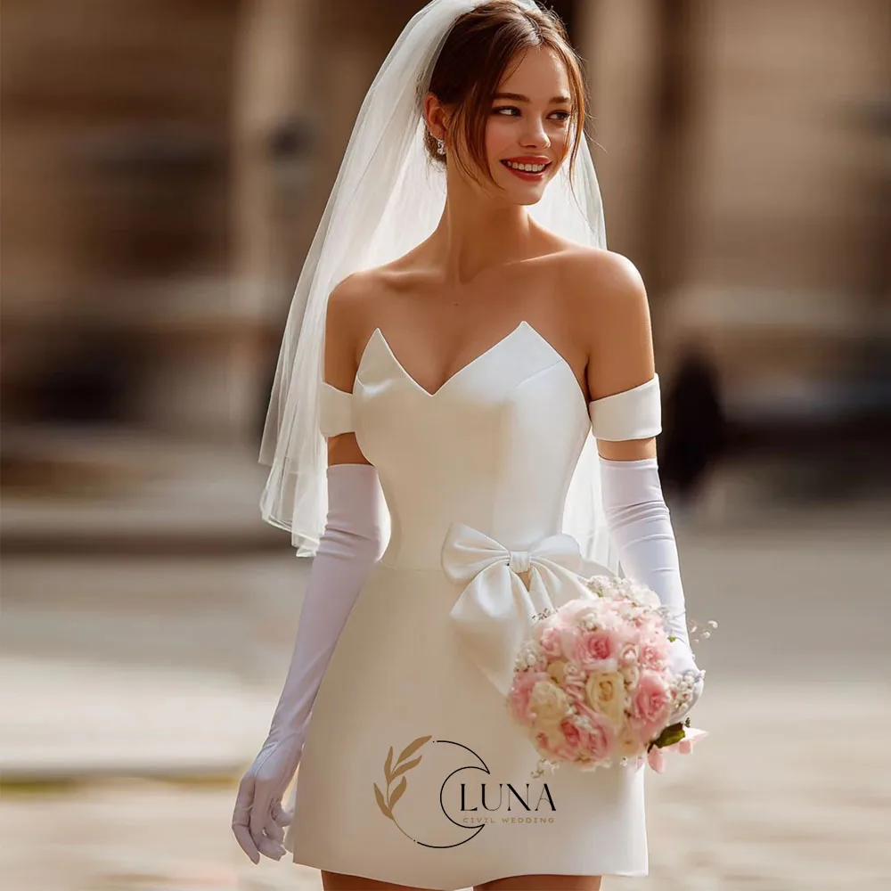 Luna Customized Romantic Mini Wedding Dresses with Bow 2026 Satin Off the Shoulder Short Bridal Party Civil Wedding Prom Gown
