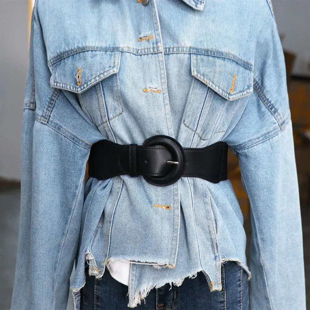 เข็มขัดคอร์เซ็ทหนังแฟชั่นแบบยืดหยุ่น สีพื้น สายรัดเอวแบบเชือกผูก เอวยางยืด กว้าง สำหรับผู้หญิง