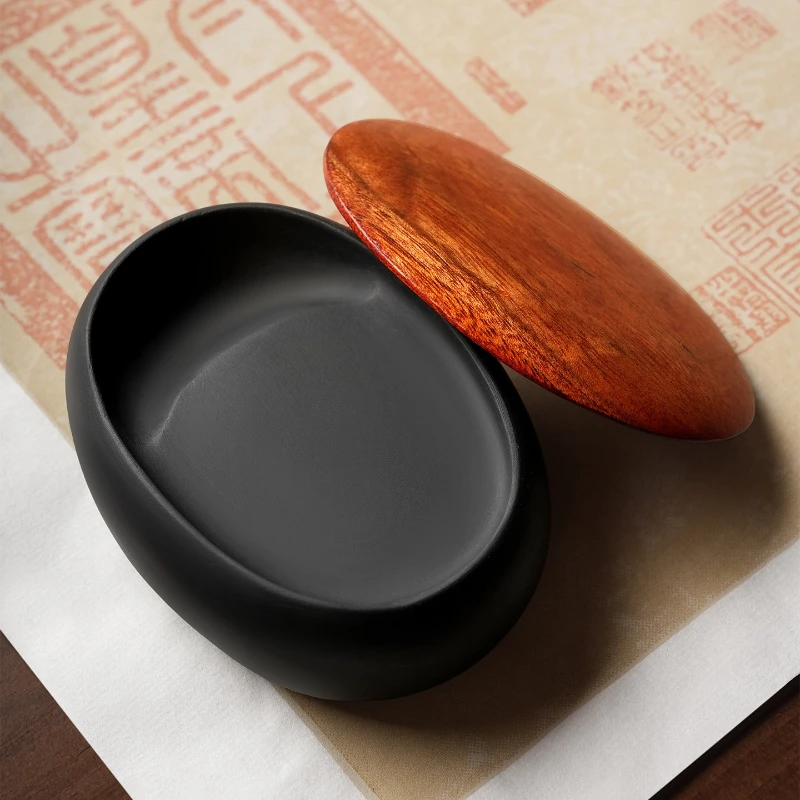 Mini Calligraphy Inkstone with Lid She Ink Stone Original Rock for Chinese Brush Writing Use Home School Art Practice Ink Pad