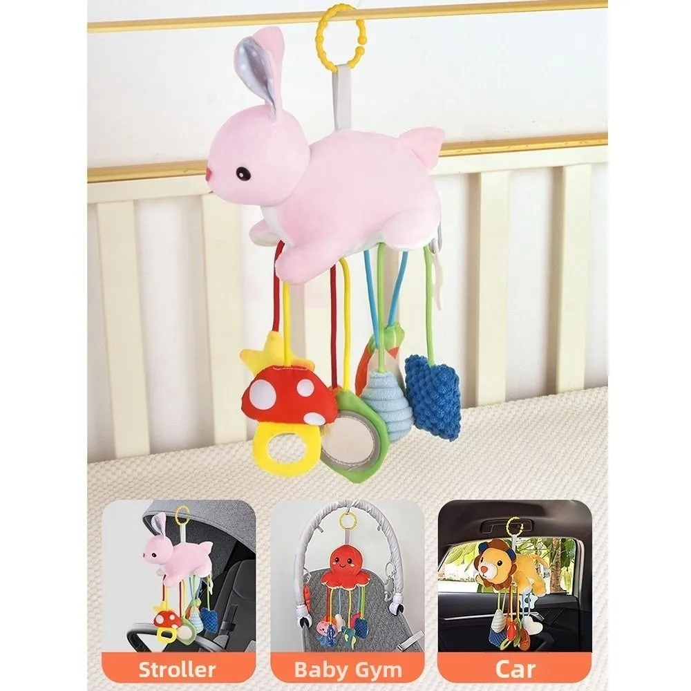 Cute Animal Design Sensory Stroller Hanging Ornaments Pull String Distorting Mirror Baby Pull String Toys Comfortable Hand Grip