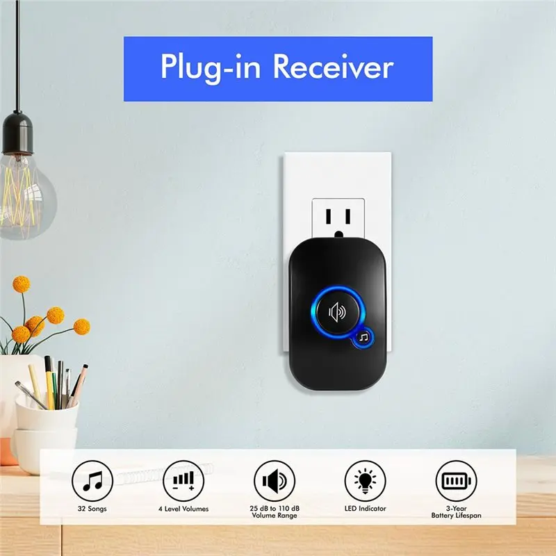 PHILE-IP55 Water Resistant Doorbell Chime, 60 Melodies, 5 Volume Levels, LED Flashing Design For Home, EU Plug Compatible