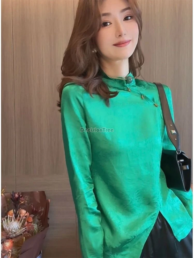 2024 women fashion solid color crew-neck inclined slit long-sleeved cheongsam shirt new chinese style slim fashion blouse w365