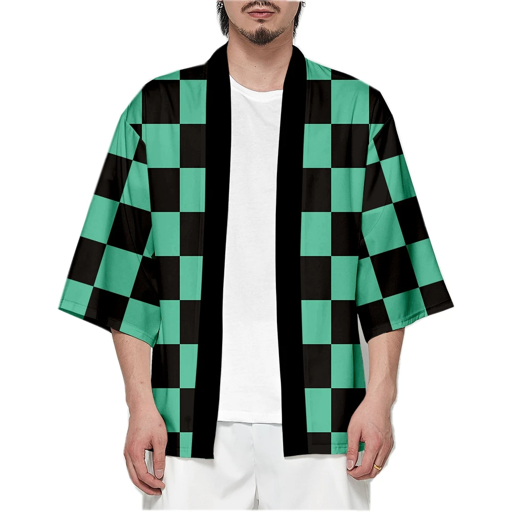 Anime Character Kamade Zezeko Pink Women\'s Kimono Cardigan Summer Kamado Tanjirou Green Black Checkered Men Japanese Haori Coat