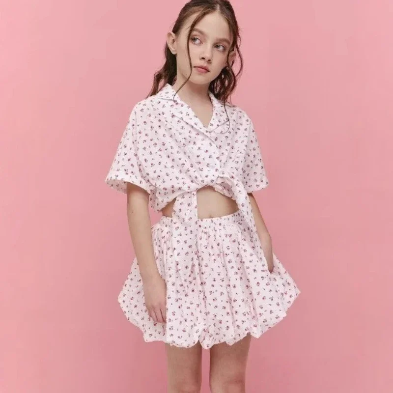 

2025 Spring/Summer Children's Cotton Red Floral Full Print Lace Up Shirt and Flower Bud Half Skirt Two Piece Set