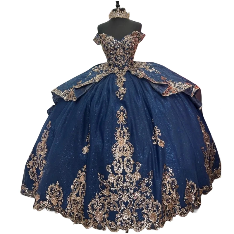 Saudi Arabische Echte Foto Marineblauwe Quinceanera Jurken 16 Meisje V Hals Kanten Applique Gezwollen Rok Verjaardagsfeestjurk Prom Wear