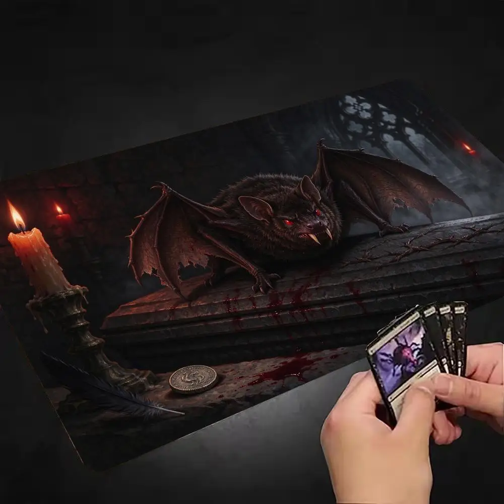 Candlelit Stone Crypt Vampire Bat Table Mat Large Size Soft Cloth Surface Non Slip Rubber Base For Gothic Esports Dorm