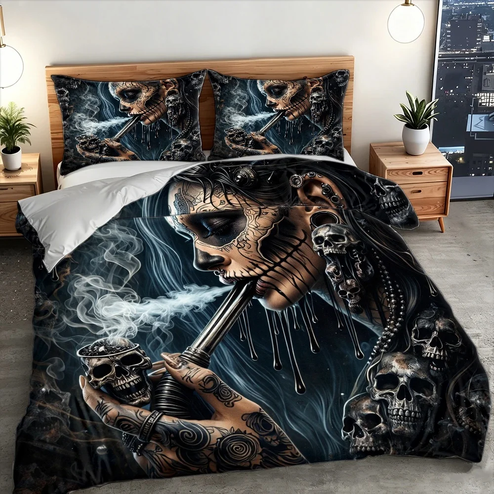 3Pc Skull Tattoo Dark Style Duvet Cover Set, Three-Piece Bedding Set (1*Duvet Cover + 2*Pillowcases), Suitable for All Seasons, Machine Washable, Invisible Zipper Design, Large Double Bed Cover Set, Suitable for Home, Dorm, Master Bedroom, Guest Room, Personalized Punk Style Skull Elements Bedding, Trendy Dark Style Bedding, Retro Heavy Metal Style Duvet Cover Set, Wear-Resistant Skin-Friendly Bedding Set, Creative Artistic Skull Print Duvet Cover, Cross-Border Hot Selling Dark Style Bedding, Vintage Heavy Metal Style Duvet Cover Set, Durable and Skin-Friendly Bedding Set, Creative Artistic Skull Print Duvet Cover