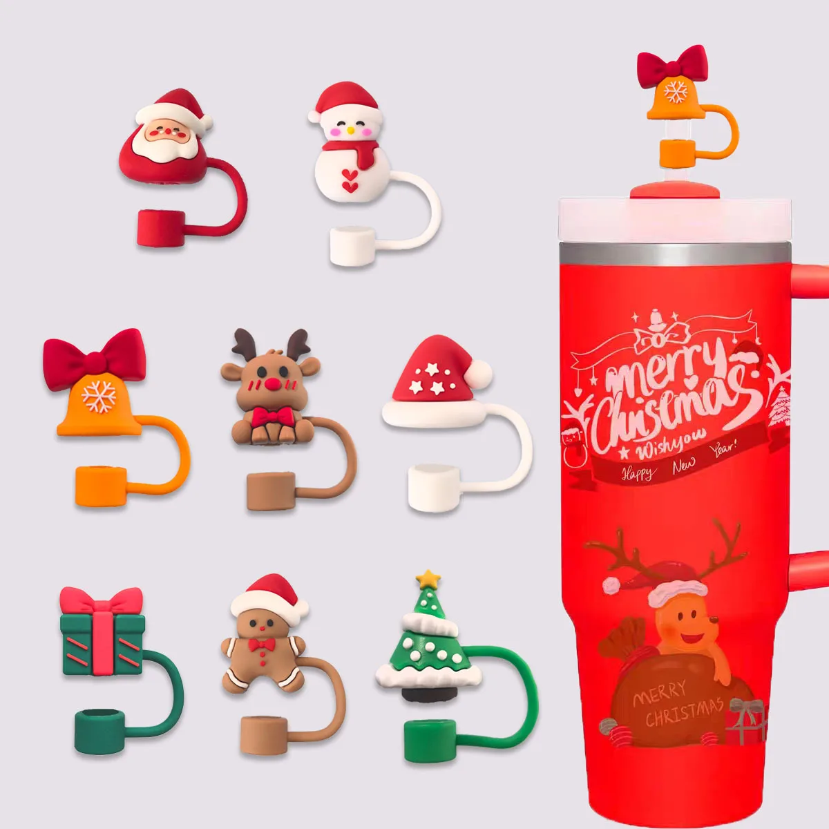 8pcs/set Christmas Silicone Straw Covers Dustproof Drinking Straw Caps Toppers Cartoon Ornament Straw Lids for Tumblers Cup