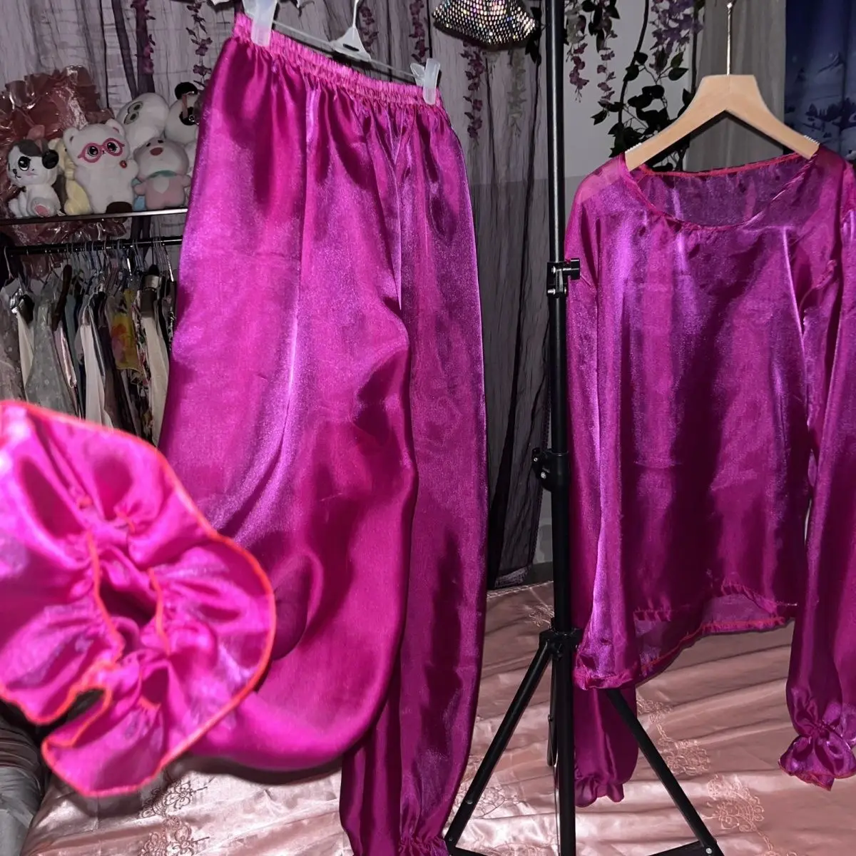 Glossy liquid water gauze organza pajamas two-piece set Women long sleeve loose sleeping plus size top pants