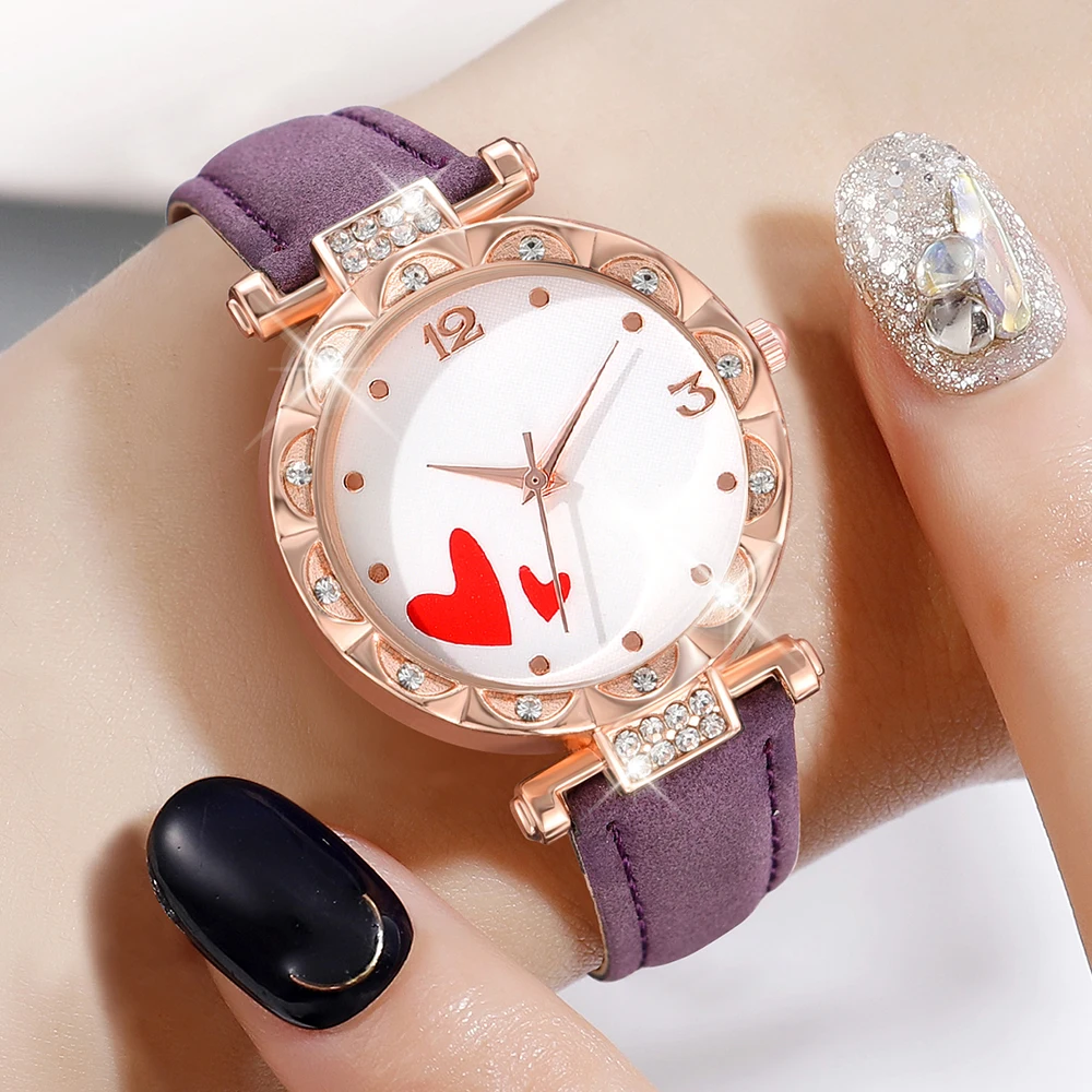 5PCS/Set Women Fashion Diamond Quartz Watch Purple Heart Pattern PU Wristwatch And Alloy Chain Jewelry Set