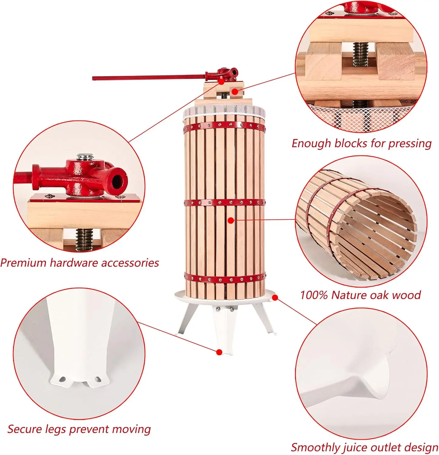 Upgraded 7.9 Gallon (30L) Manual Fruit Wine Press with 12 Blocks 100% Nature Oak, Cider Apple Grape Berries Crusher Juice M
