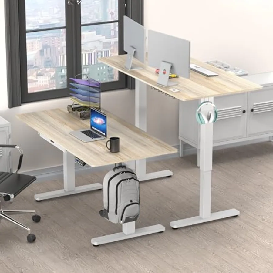 Electric height adjustable standing desk for office use, steel frame, matte black finish, smooth dual-motor lift system with in