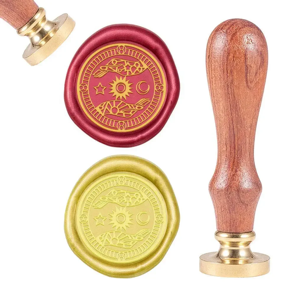 

1PC Wax Seal Stamp Sun Moon Star Vintage Wax Sealing Stamps Retro 25mm Removable Brass Head Wooden Handle for Envelopes