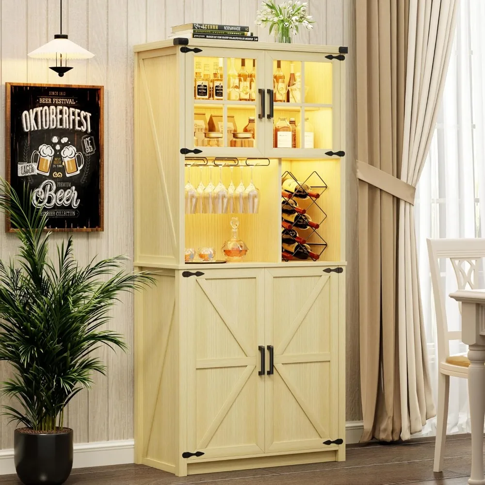 Farmhouse Bar Cabinet with LED Light, 68'' Tall Liquor Cabinets with Wine & Glass Holder, Bar Cabinet