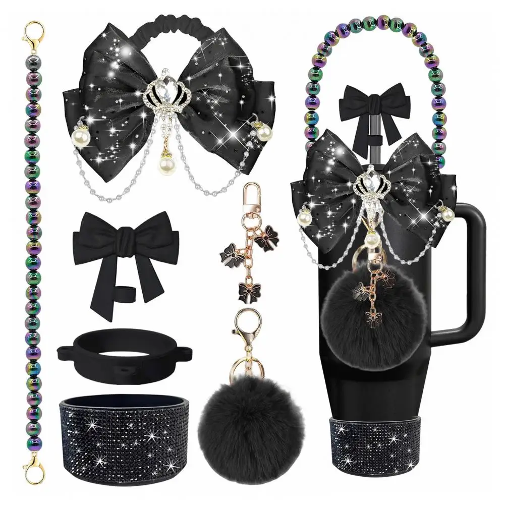 Water Bottle Cozy Reusable Cup Sleeve Sparkling Rhinestone Cup Sleeve with Faux Pearl Bowknot Silicone Bottom Protector Glitter