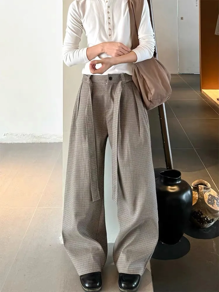 

Широкие брюки с высокой талией для мужчин и женщин, повседневные удобные свободные брюки в клетку с поясом, универсальные готовые брюки для отдыха