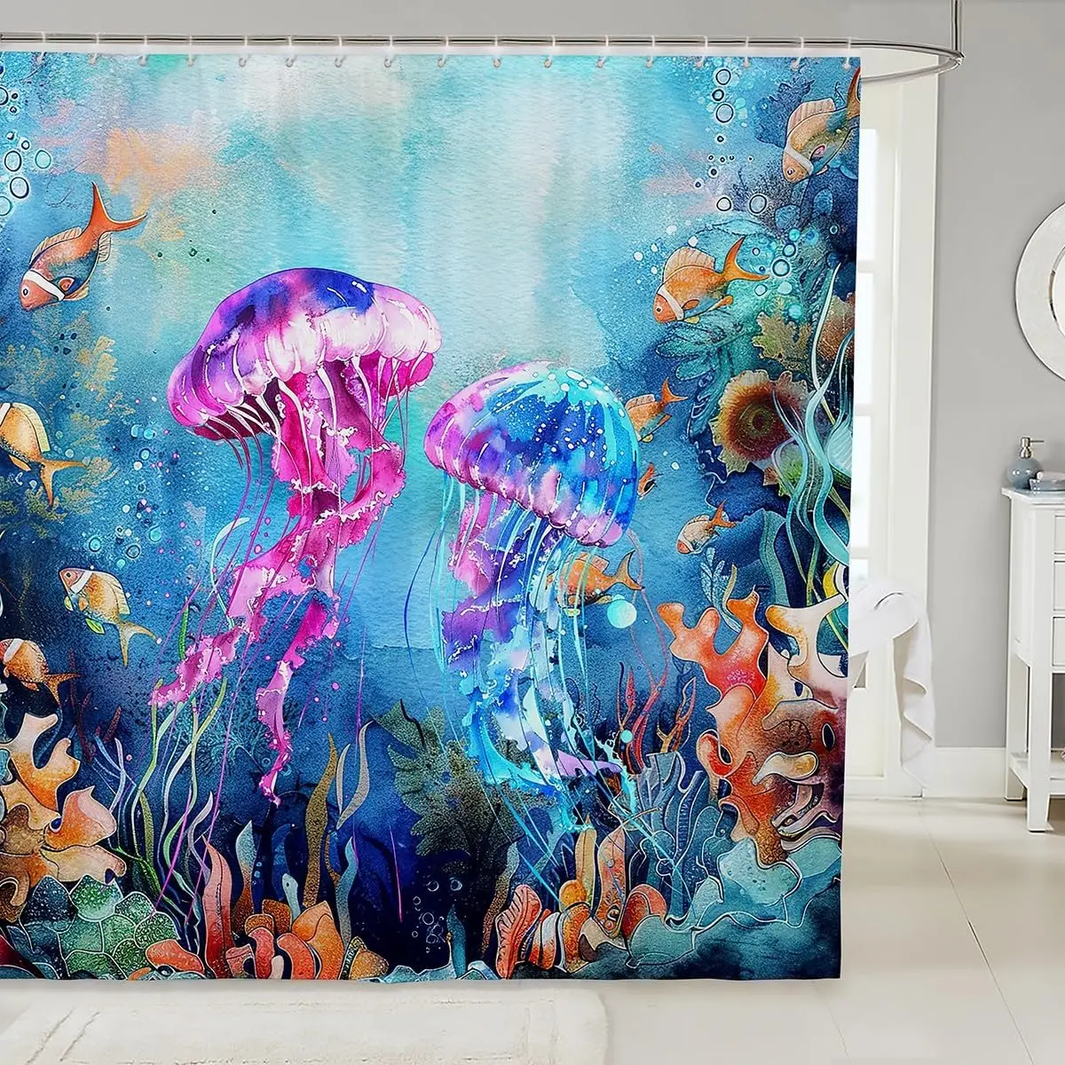 

Красочная занавеска для душа с изображением медуз и подводного мира, яркий декор для ванной комнаты в морской тематике, водонепроницаемый принт