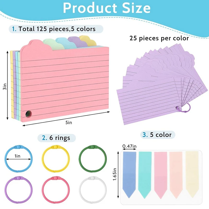 FULL-125 szt. Karty indeksowe Kolorowe karty indeksowe w linie 3X5 cali Karty flash do nauki z pierścieniami i kolorowymi znacznikami