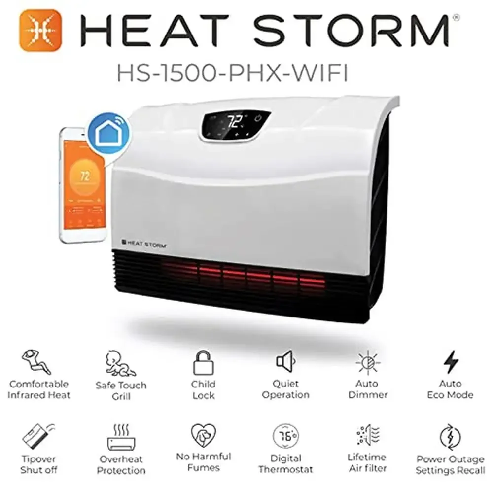 Infrared Heater Wifi Control Wall Mountable Touch Screen Digital Thermostat Indoor 1500W 5200 BTU Safe Grill 110V WiFi White