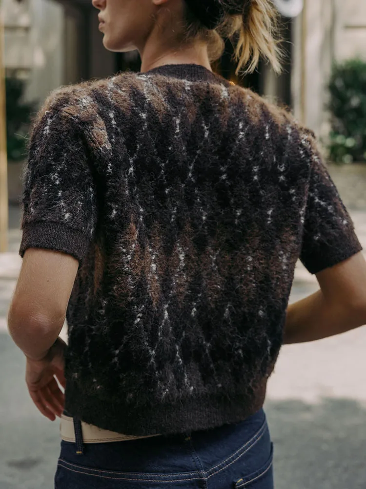 Fall 2025 New Arrival Women's Knitted ort Sve round Ne Jaet Faionable Diamond Pattern Casual Sle Girl's Coat