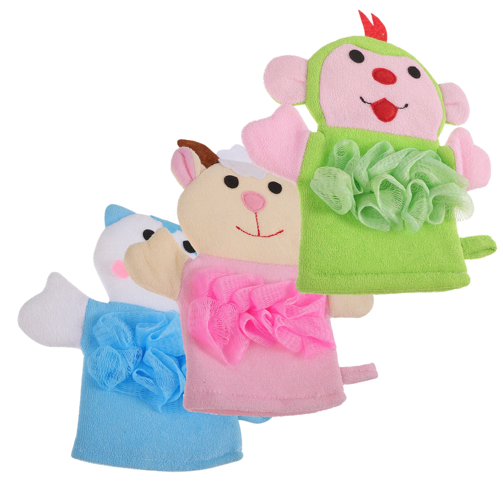 

3pcs Cartoon Bath Gloves for Kids Baby Bathing Tools Infant Mitten PE Mesh Bath Mitts Body Care Set Animal Design Smooth Skin