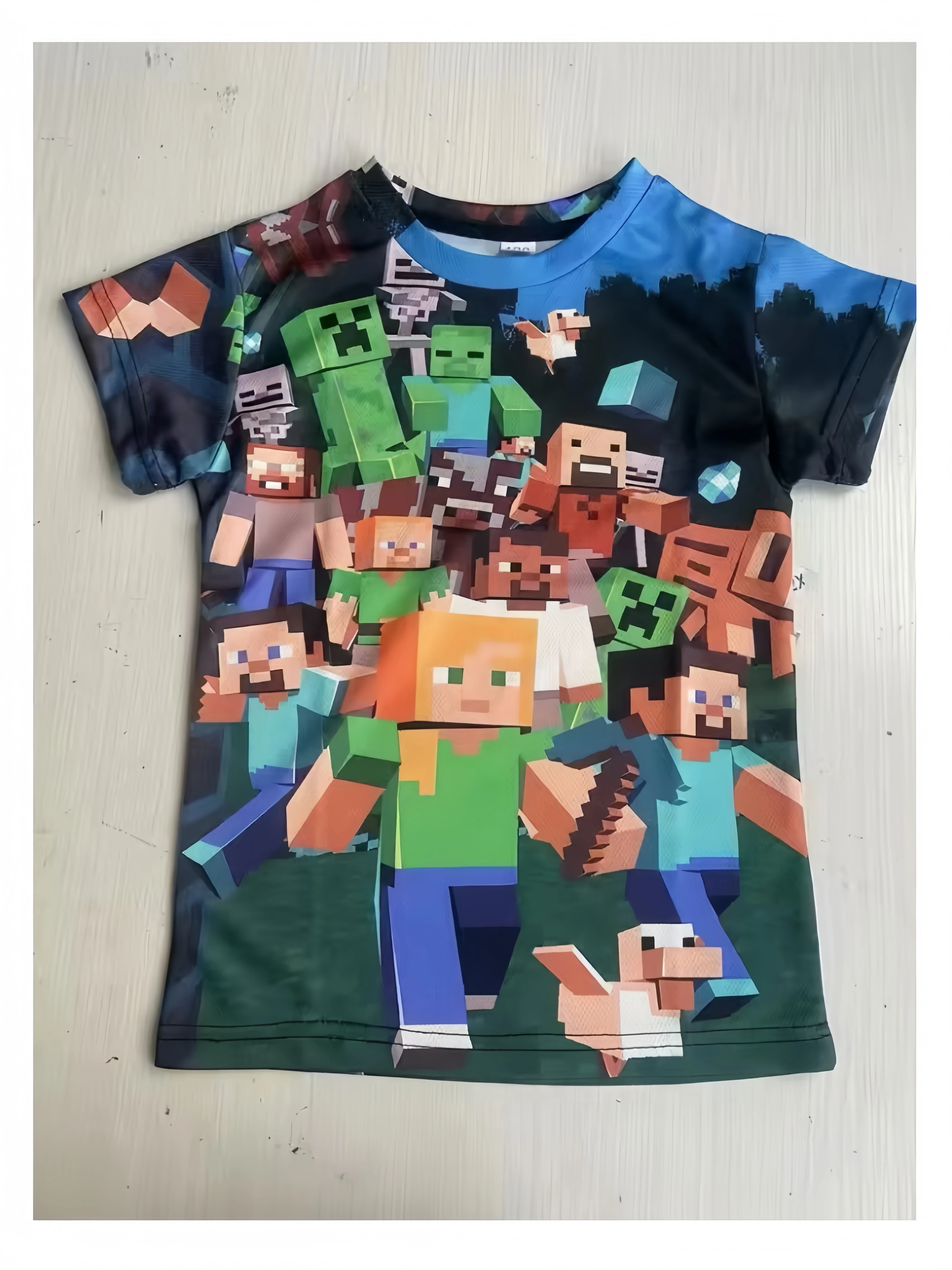 Uniqlo-T-shirt imprimé Minecraft 3D pour garçons et filles, décontracté, estival, mignon, bâtiment, nuits, dessin animé, haut populaire à l'intérieur et à l'extérieur