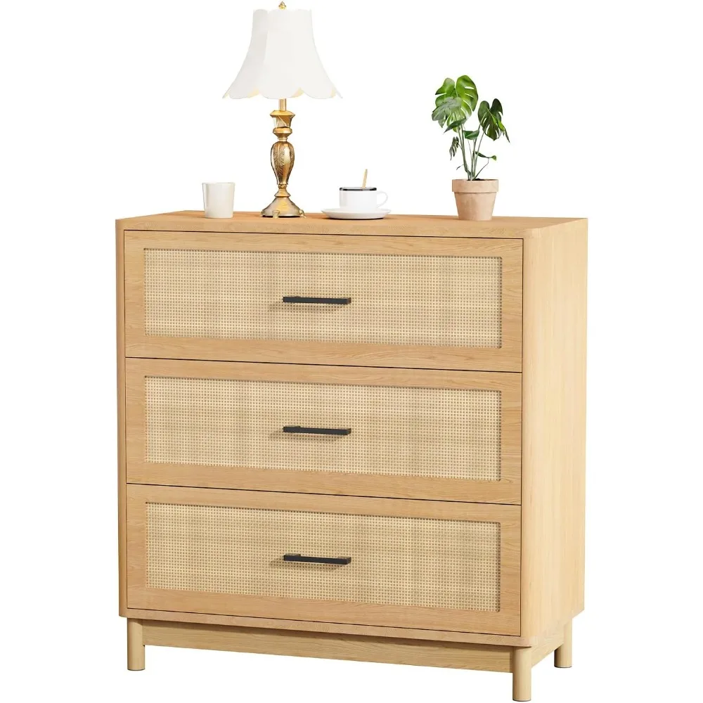 

Rattan Nightstand, Night Stand with 3 Drawers, Bedside End Table for Bedroom, Boho Style Side Table with Upgrade Rails