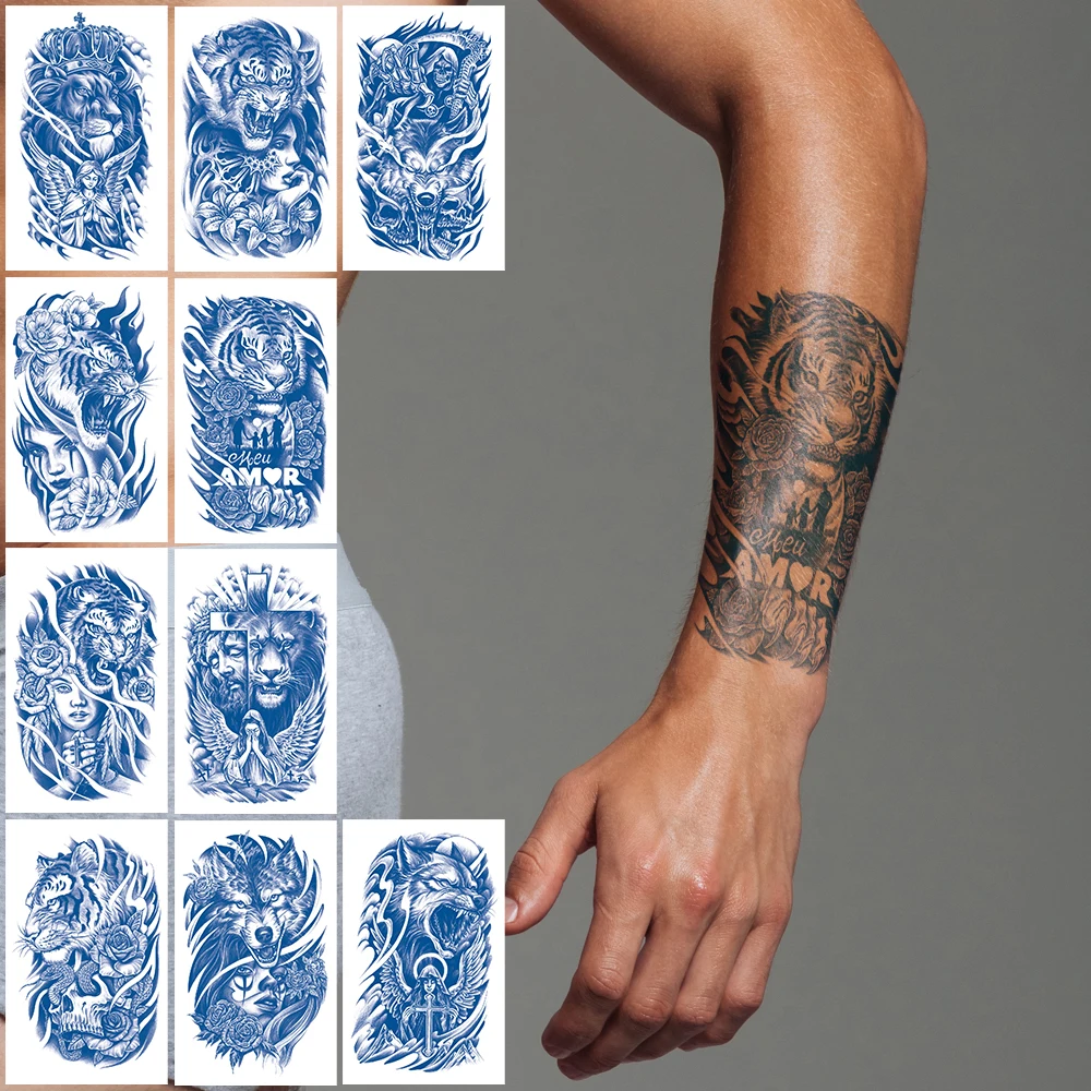 10Pcs Long Lasting Waterproof Juice Temporary Fake Tattoos Stickers,Blue Dragon Snake Skull Flower Tiger Woman Man Cool Body Art