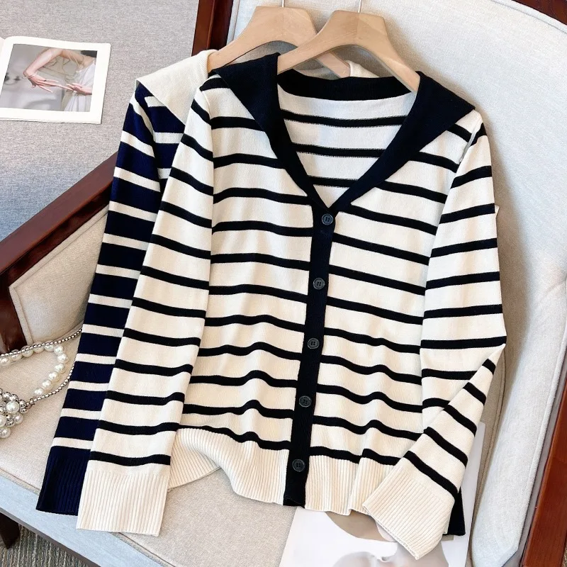 

Autumn Striped Knitted Sweater Fashion Oversized Full Sleeve Cardigans Tops Casual All-matched Single Breasted Sweater Women